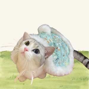 Spring’s Whisper｜Floral Embroidery Light Green Brocade Cloak for Cats
